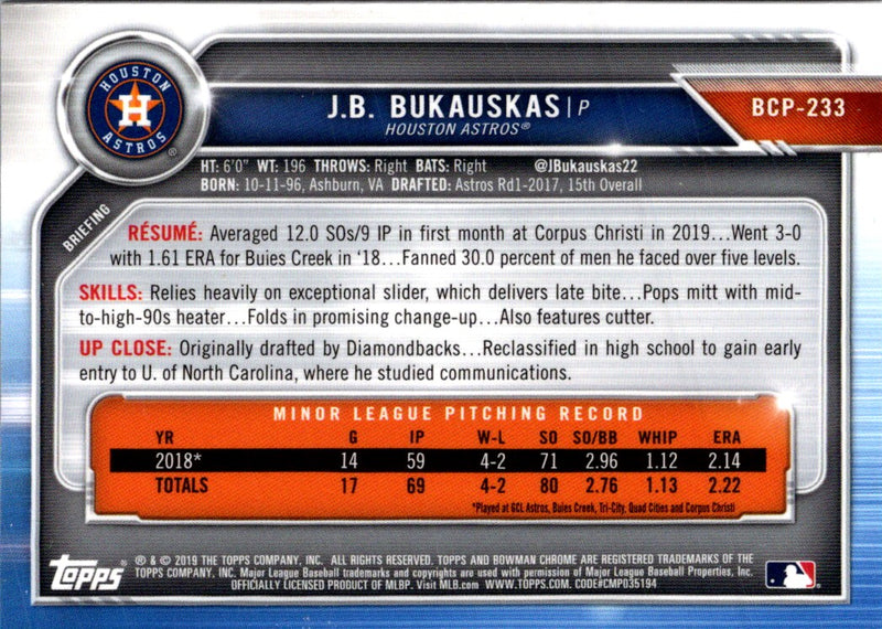 2019 Bowman Chrome Prospects J.B. Bukauskas