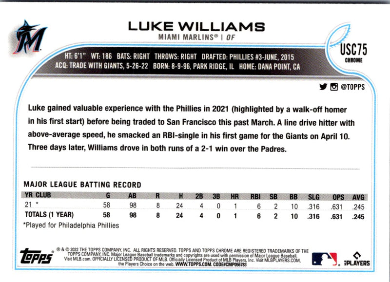 2022 Topps Chrome Update Purple Refractor Luke Williams