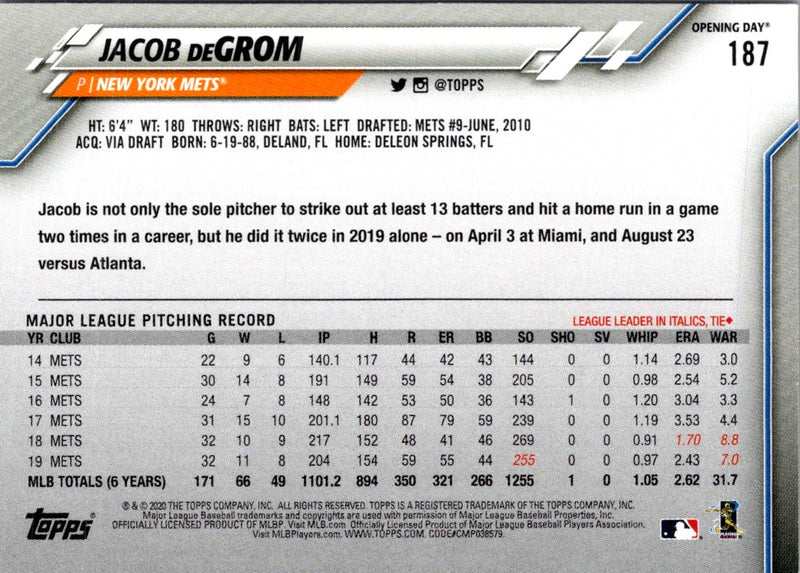 2020 Topps Opening Day Edition Jacob deGrom