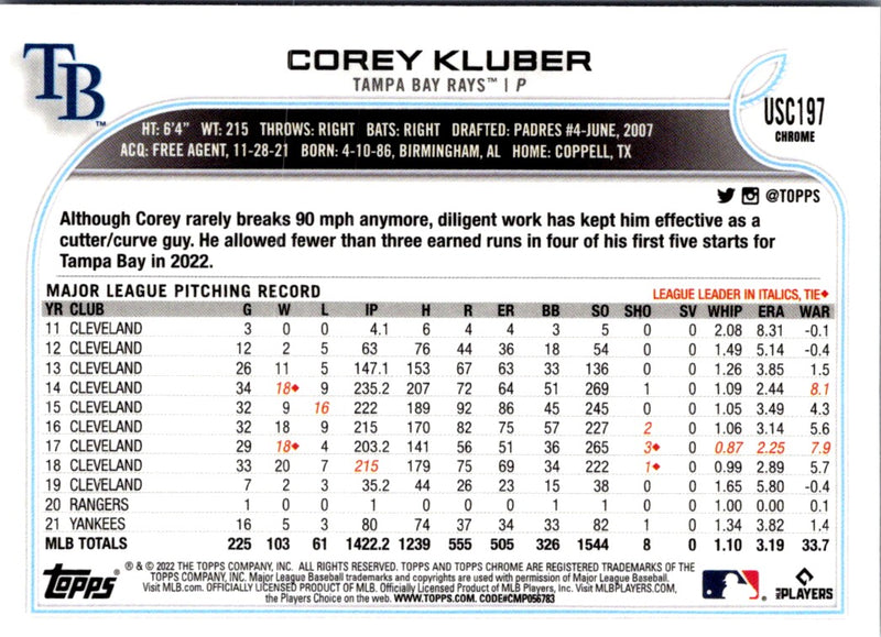 2022 Topps Chrome Update Purple Refractor Corey Kluber