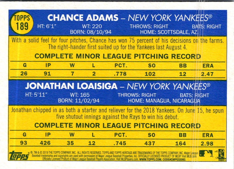 2019 Topps Heritage Chance Adams/Jonathan Loaisiga