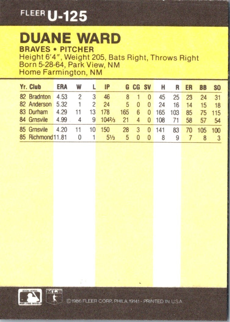 1986 Fleer Update Duane Ward