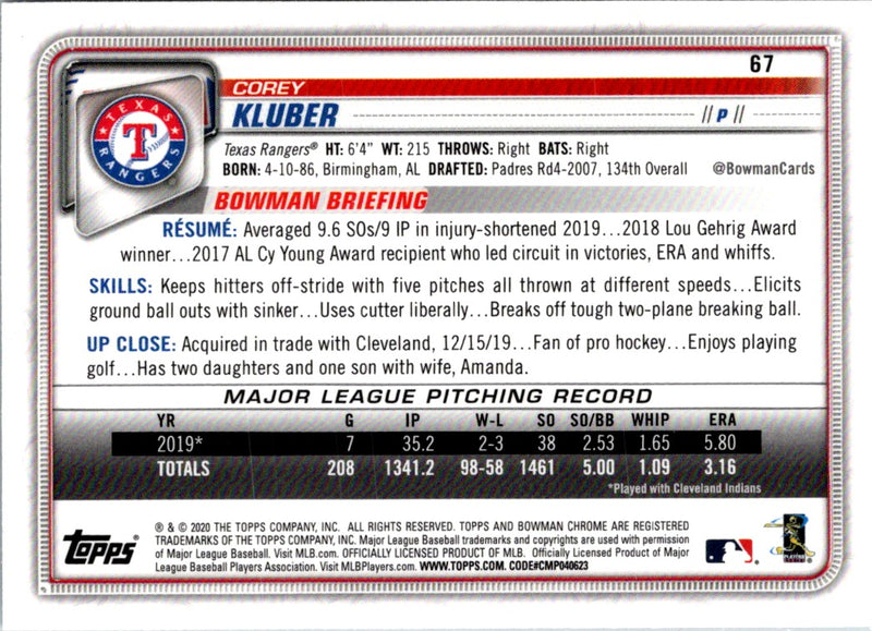 2020 Bowman Chrome Corey Kluber