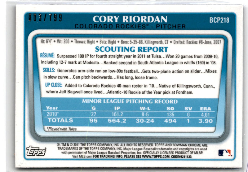 2011 Bowman Chrome Prospects Purple Refractors Cory Riordan