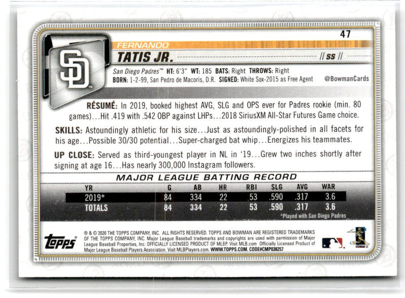 2020 Bowman Fernando Tatis Jr.