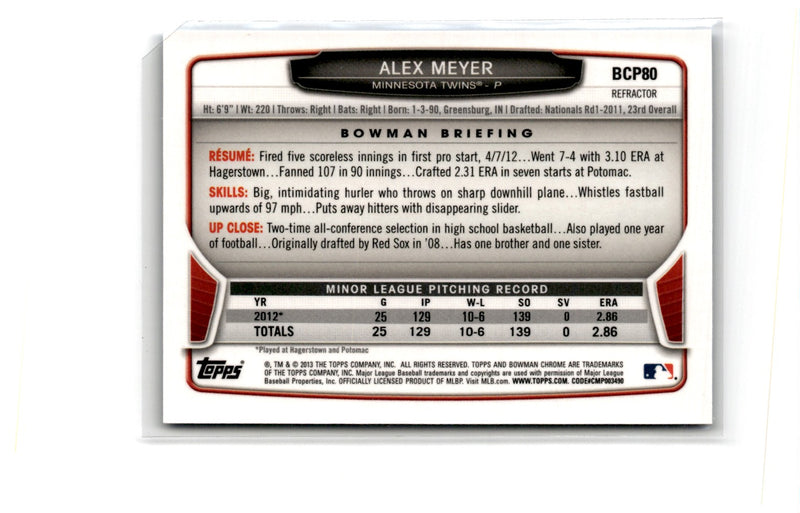 2013 Bowman Chrome Prospects Blue Wave Alex Meyer