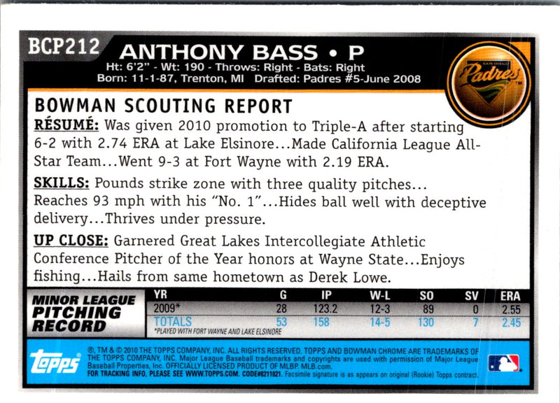 2010 Bowman Chrome Prospects Anthony Bass