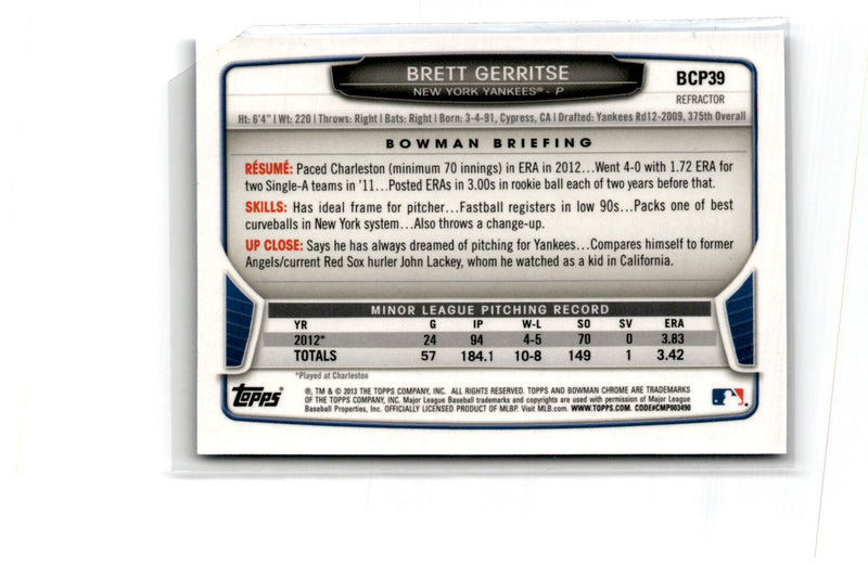 2013 Bowman Chrome Prospects Blue Wave Brett Gerritse