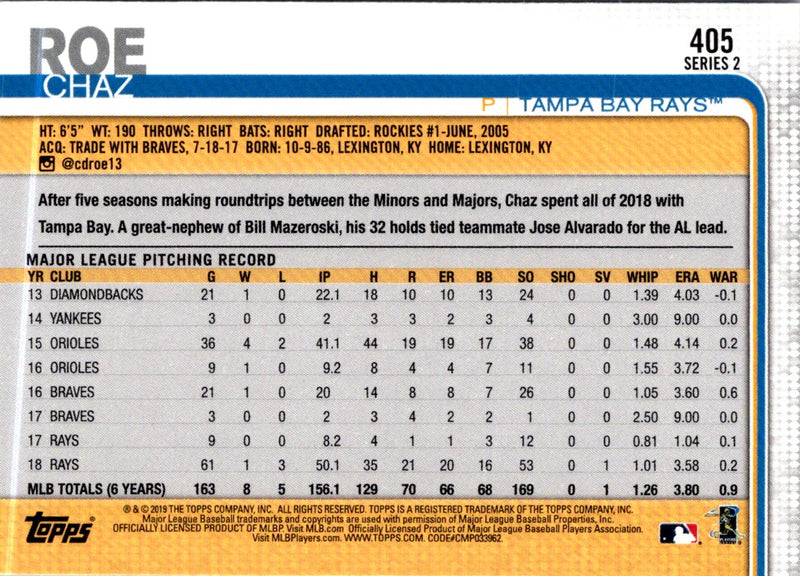 2019 Topps Tampa Bay Rays Chaz Roe