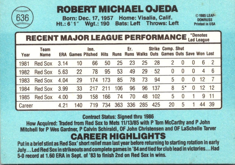 1986 Donruss Bob Ojeda