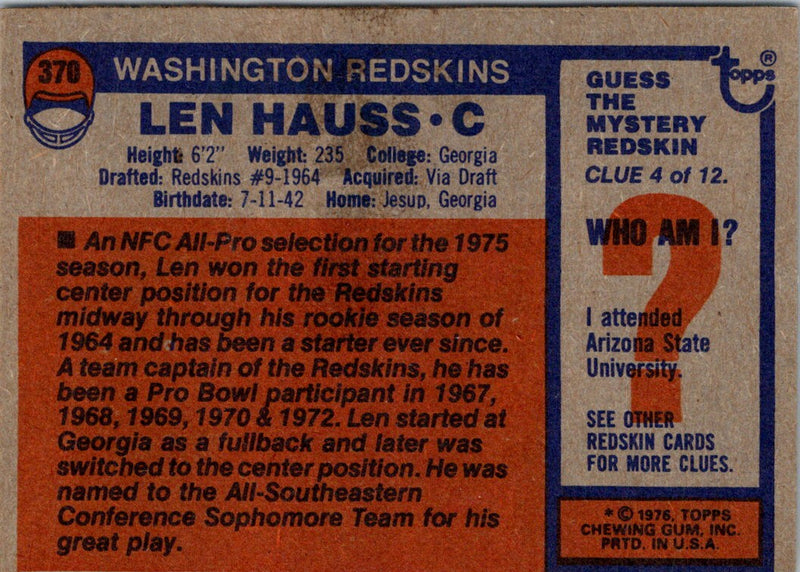 1976 Topps Len Hauss