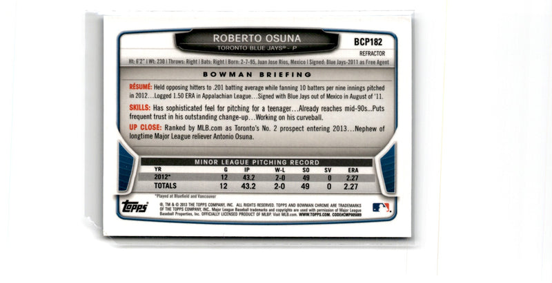 2013 Bowman Chrome Prospects Blue Wave Roberto Osuna