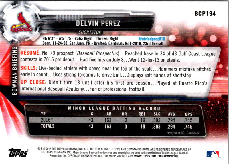 2017 Bowman Chrome Prospects Delvin Perez