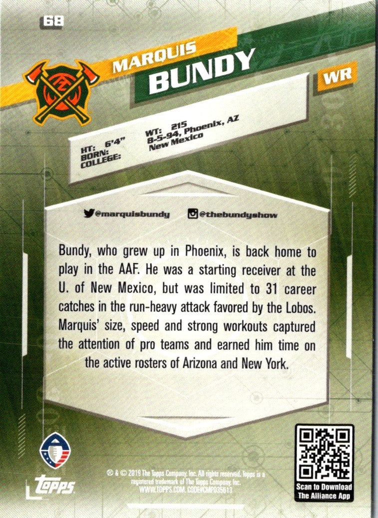 2019 Topps AAF Marquis Bundy