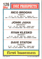 1992 Topps Rico Brogna/John Jaha/Ryan Klesko/Dave Staton #126 Rookie