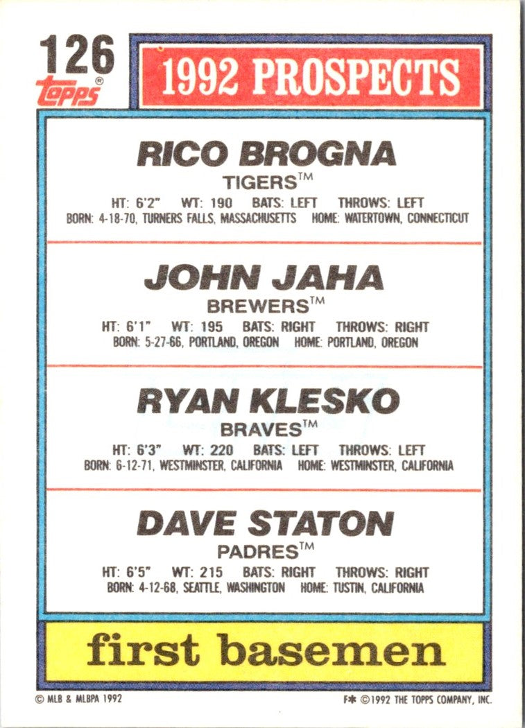 1992 Topps Rico Brogna/John Jaha/Ryan Klesko/Dave Staton