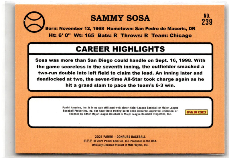 2021 Donruss Holo Orange Sammy Sosa
