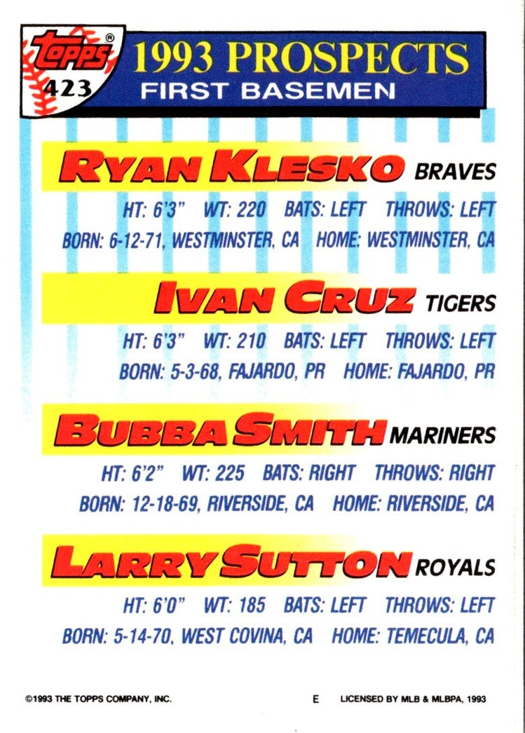 1993 Topps Inaugural Ryan Klesko/Ivan Cruz/Bubba Smith/Larry Sutton