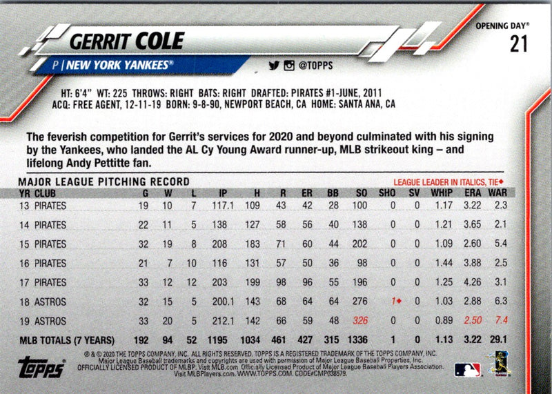 2020 Topps Opening Day Gerrit Cole