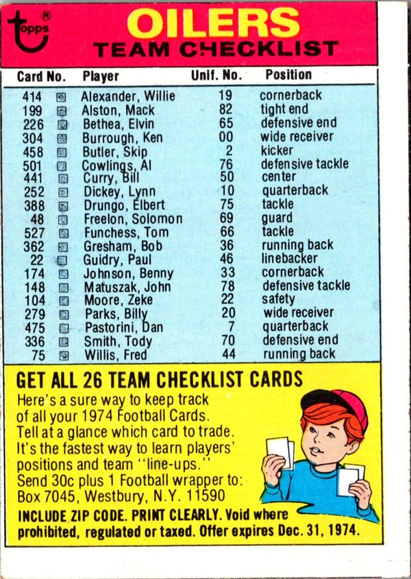 1974 Topps Team Checklists Checklist Houston Oilers #NNOB