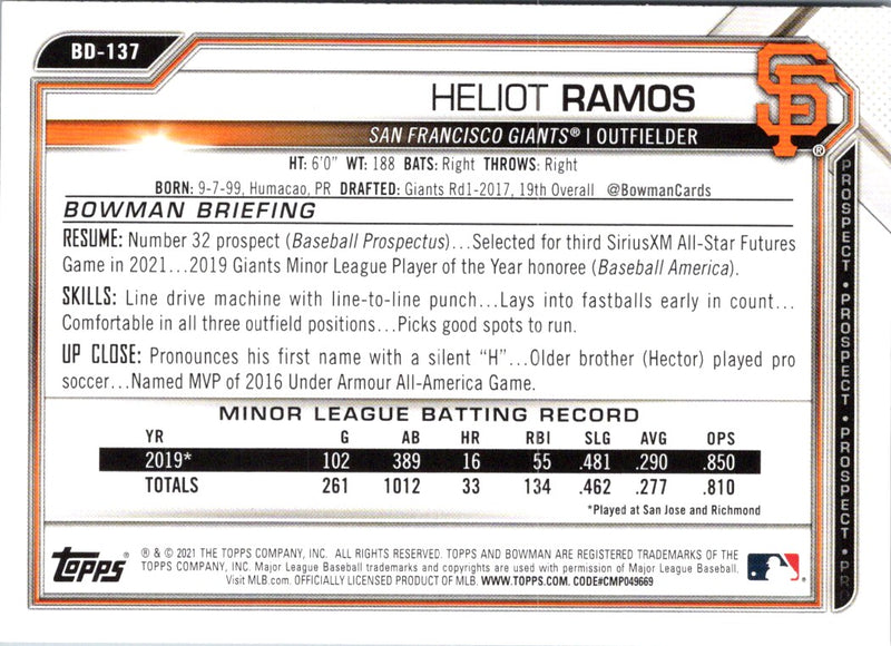 2021 Bowman Draft 1st Edition Heliot Ramos