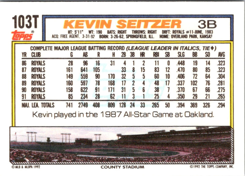 1992 Topps Traded Kevin Seitzer