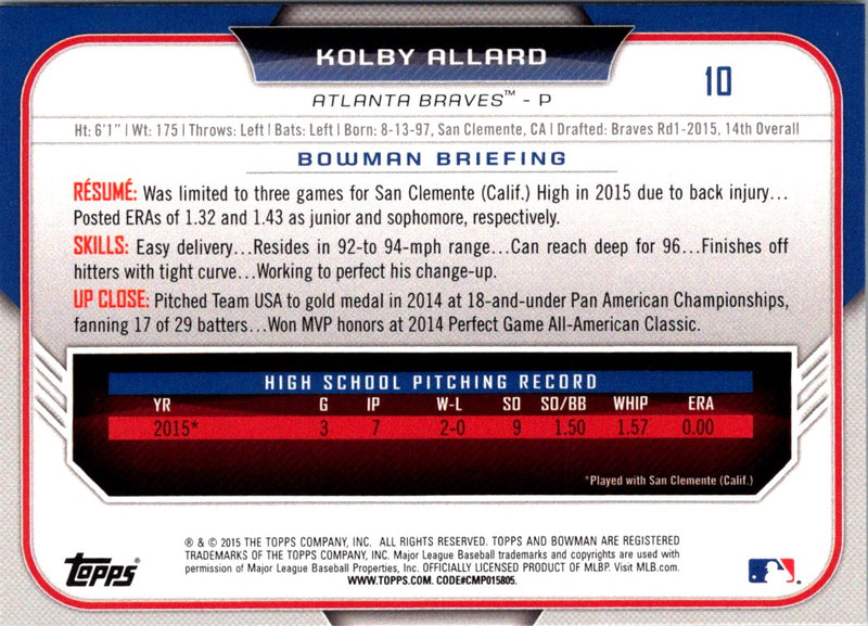 2015 Bowman Draft Picks & Prospects Kolby Allard