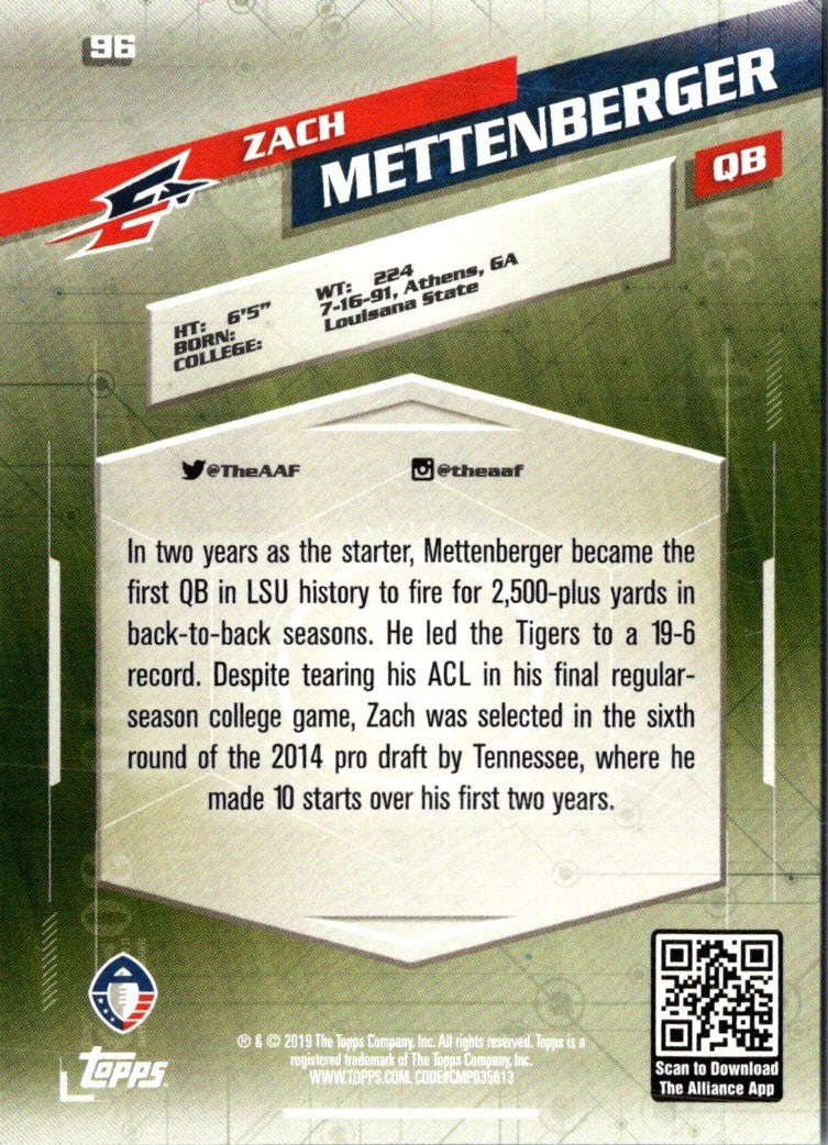 2019 Topps AAF Zach Mettenberger