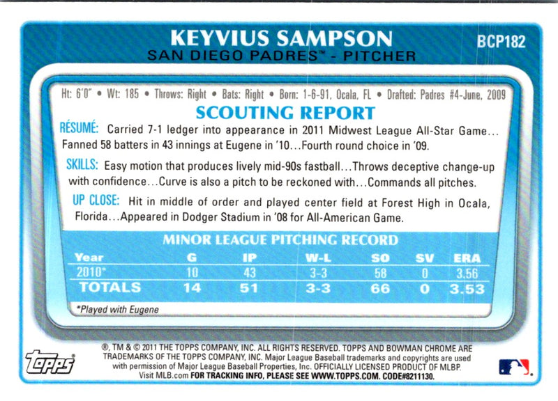 2011 Bowman Chrome Prospects Keyvius Sampson