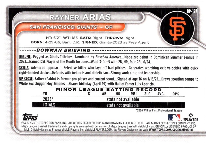 2024 Bowman Prospects Rayner Arias