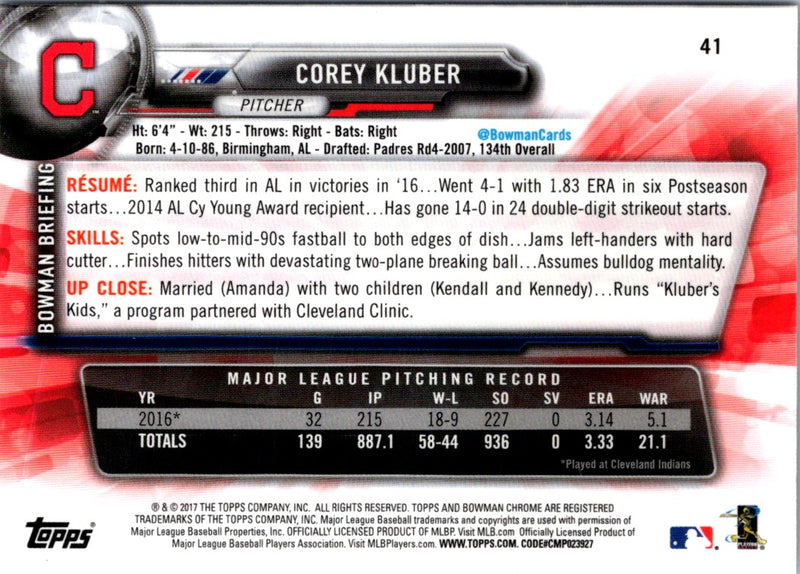 2017 Bowman Chrome Corey Kluber