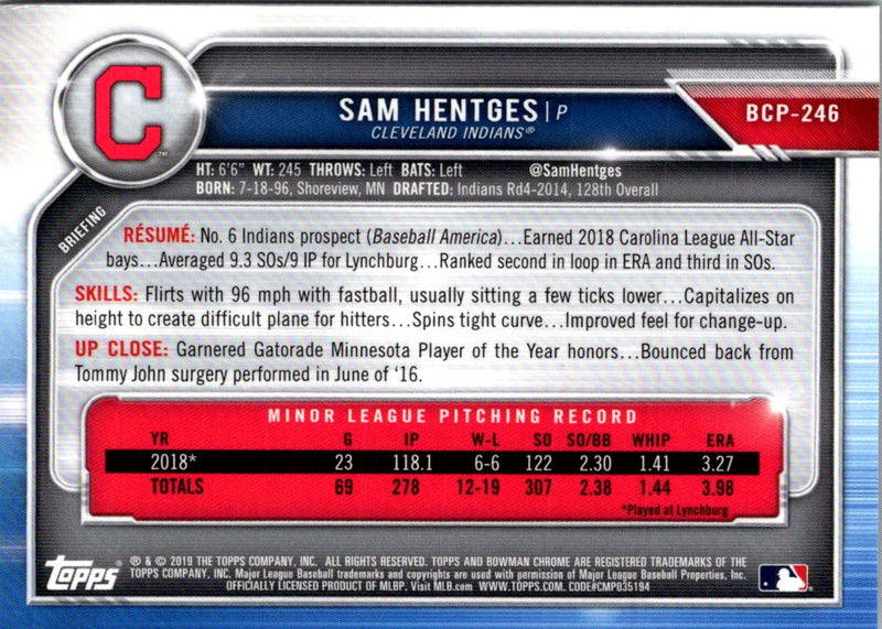 2019 Bowman Chrome Prospects Sam Hentges