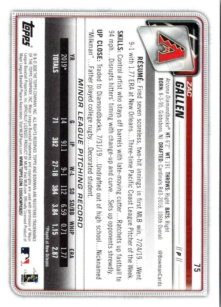 2020 Bowman Zac Gallen