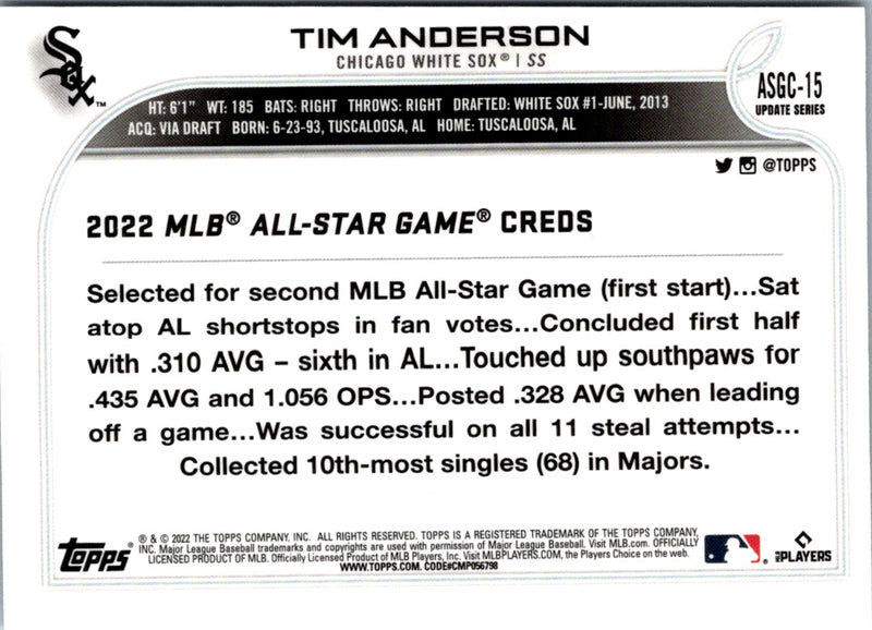 2022 Topps Chrome Update 2022 All-Star Game Tim Anderson