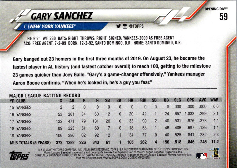 2020 Topps Opening Day Gary Sanchez