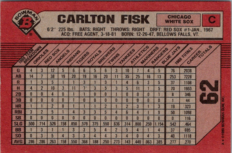 1989 Bowman Carlton Fisk