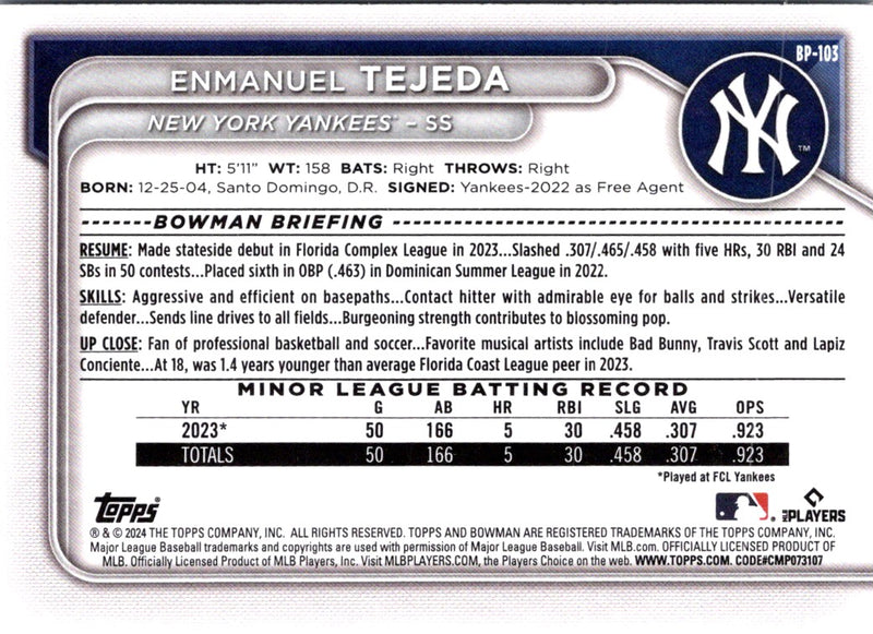 2024 Bowman Prospects Enmanuel Tejeda