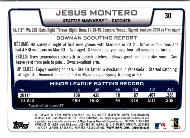 2012 Bowman Draft Picks & Prospects Chrome Jesus Montero