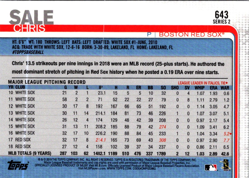 2019 Topps Chris Sale