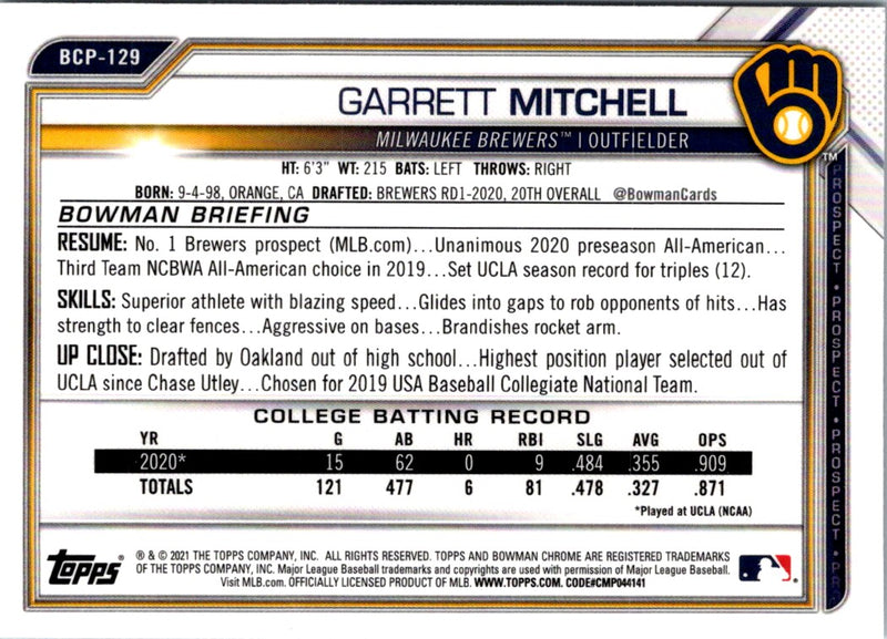 2021 Bowman Chrome Prospects Garrett Mitchell