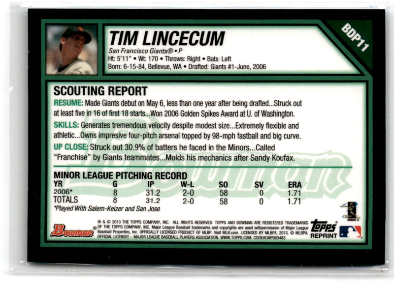 2013 Bowman Blue Sapphire Refractor Rookie Reprints Tim Lincecum