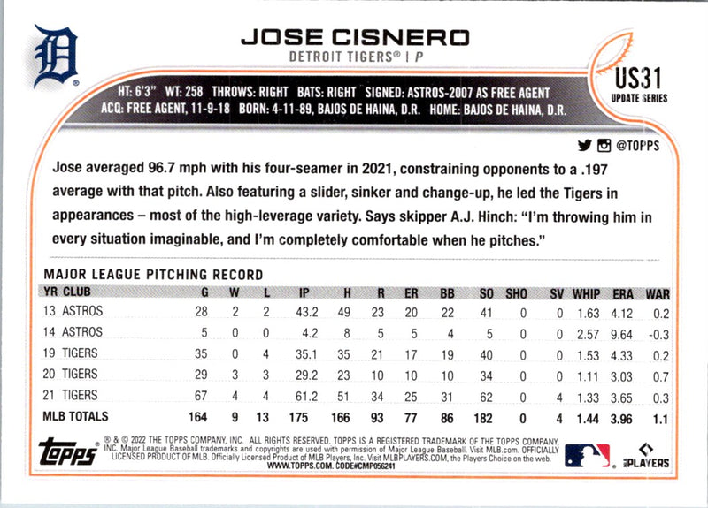 2022 Topps Update Jose Cisnero