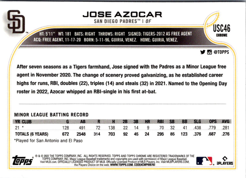 2022 Topps Chrome Update Purple Refractor Jose Azocar