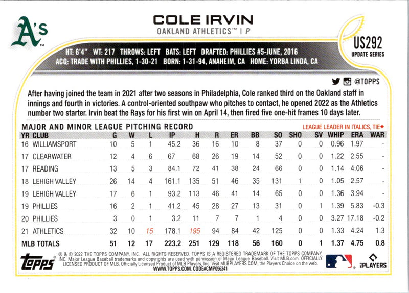 2022 Topps Update Cole Irvin