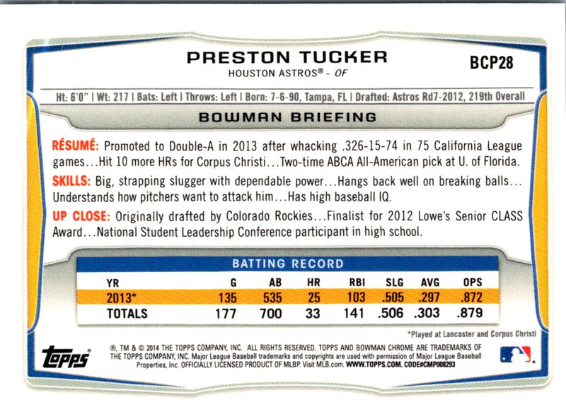 2014 Bowman Chrome Prospects Preston Tucker