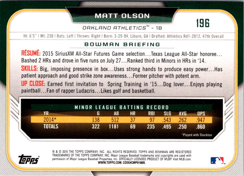 2015 Bowman Draft Picks & Prospects Matt Olson