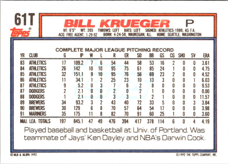 1992 Topps Traded Bill Krueger