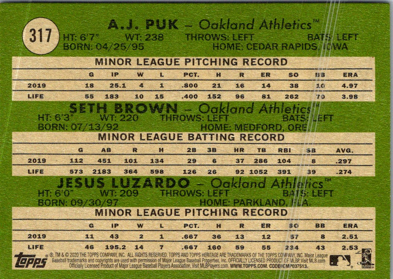 2020 Topps Heritage A.J. Puk/Seth Brown/Jesus Luzardo