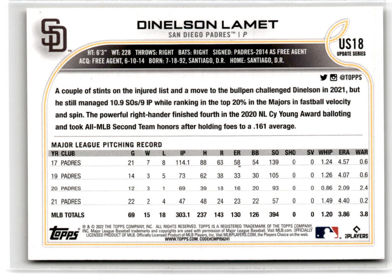 2022 Topps Update Gold Foil Dinelson Lamet