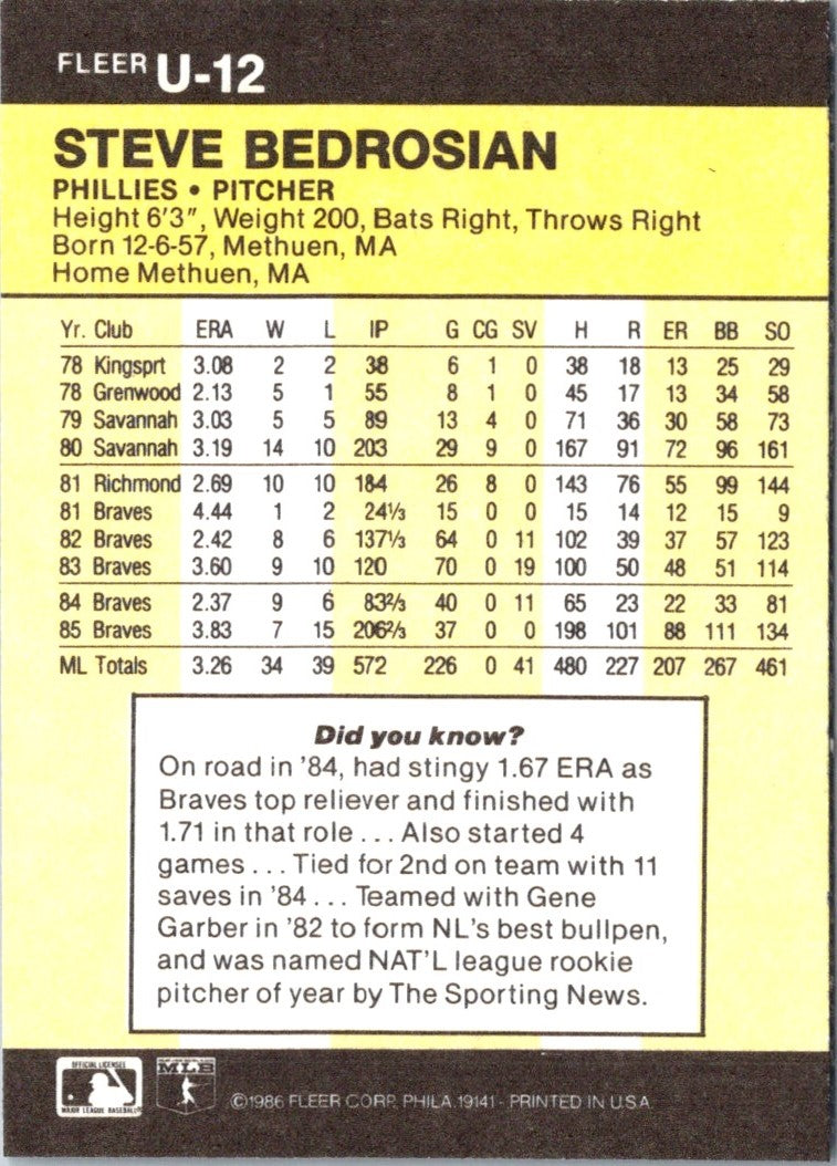 1986 Fleer Update Steve Bedrosian